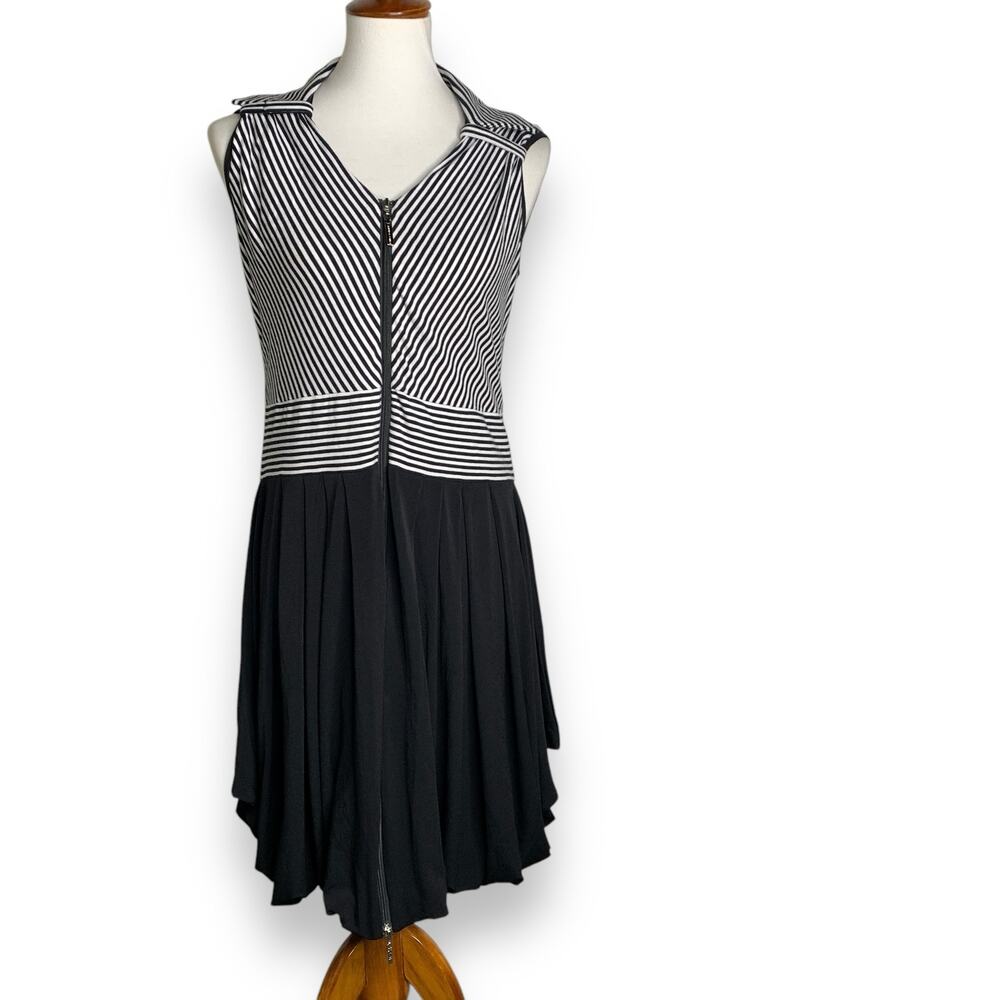 Dzhavael Couture Dress Black White Stripe Bubble Hem Zipper Front Size Small